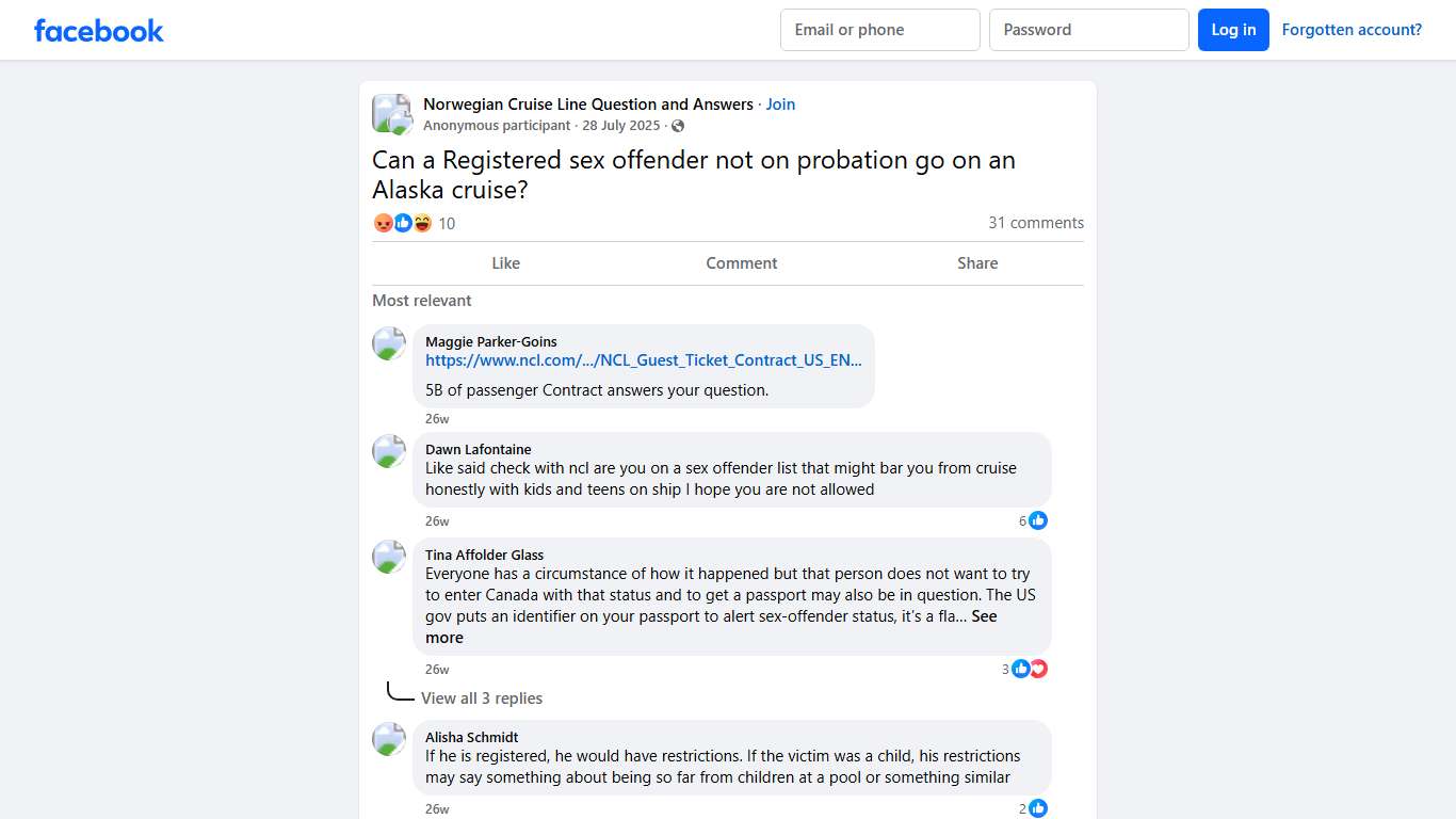 Norwegian Cruise Line Question and Answers Can a Registered sex offender not on probation go on an Alaska cruise Facebook